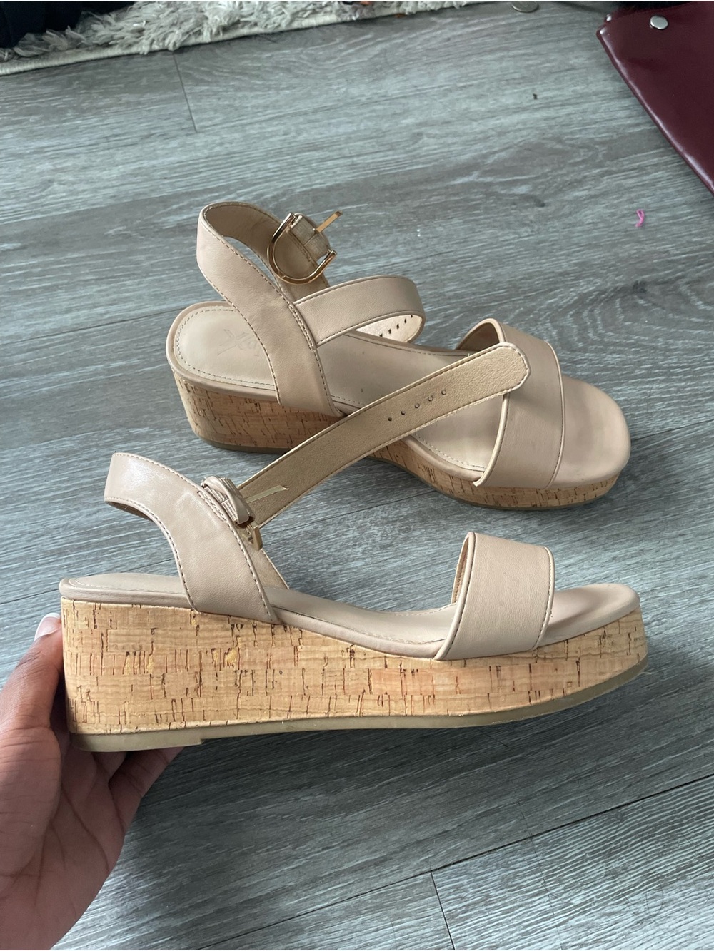 Xappeal Beige Cork Wedge Sandals with Gold Buckle